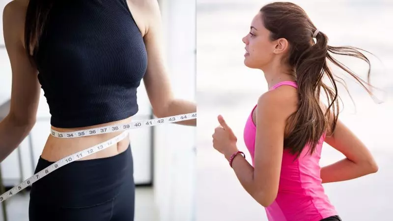 Qual é o melhor exercício para perder peso? Mulher medindo a cintura e mulher correndo para ilutrar a matéria sobre correr ou caminhar.