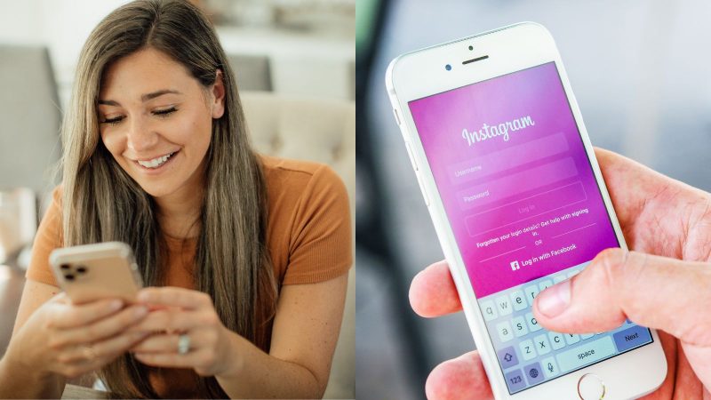 Dix é um tipo de perfil no Instagram Imagem mostra uma mulher jovem mexendo no celular sorrindo, ao lado há outra imagem de uma pessoa mexendo no celular abrindo o Instagram para ilustrar o que é perfil do Dix.