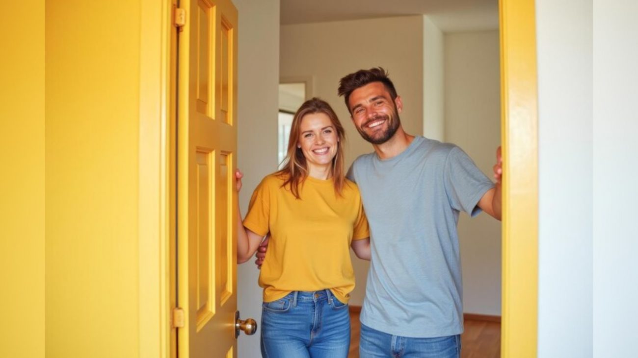 Pessoas abrindo porta amarela sorridentes 