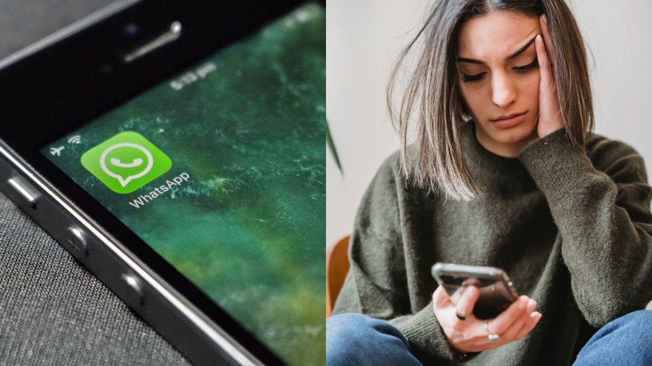 Levou vácuo no WhatsApp? Imagem mostra uma foto do ícone do WhatsApp ao lado de uma outra foto de uma mulher branca, de cabelos lisos, da cor preto, com moletom cinza, usando o celular com cara de preocupação para ilustrar a matéria que explicar o que não enviar quando levar um vácuo no WhatsApp.