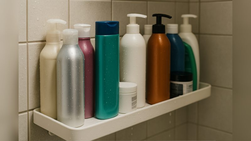 organizador de chuveiro Imagem de prateleira com vários produtos organizador de chuveiro