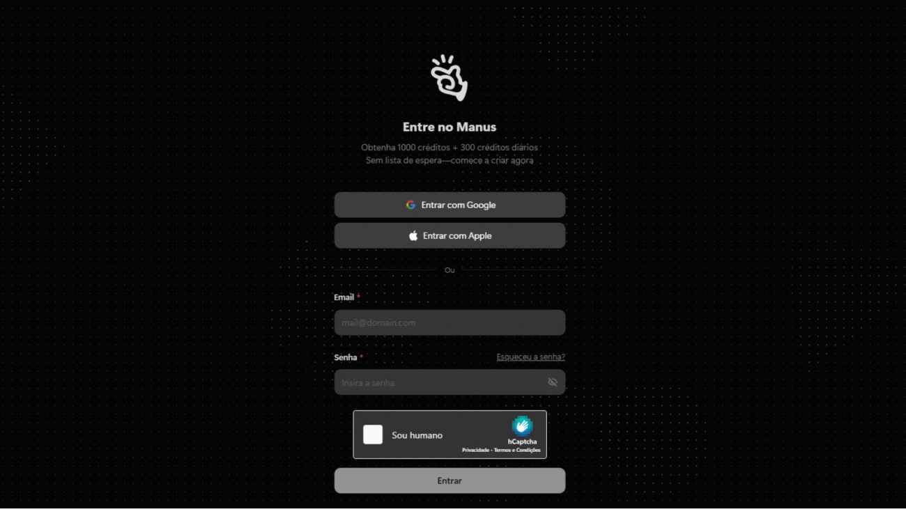 Página de login do Manus Página de login do Manus