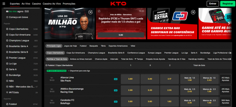 Página inicial da casa de aposta KTO com destaque para promoções de apostas ativas, odds e eventos.