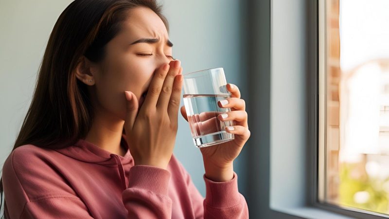 Aprenda a parar o soluço! Imagem gerada por Inteligência Artificial mostra uma mulher jovem com a mão na boca tentando parar o soluço e um copo de água na outra mão; ela usa um moletom rosa e está dentro de um cômodo com iluminação natural.
