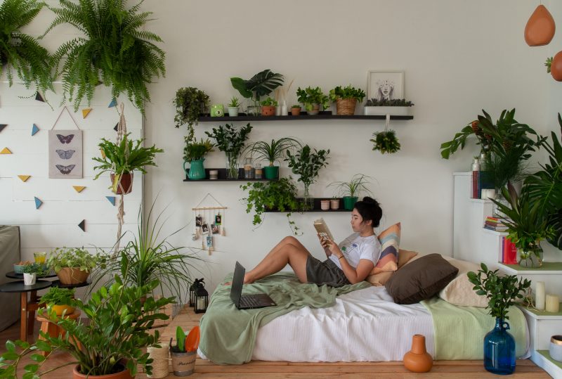 Mulher lendo em um quarto repleto de plantas