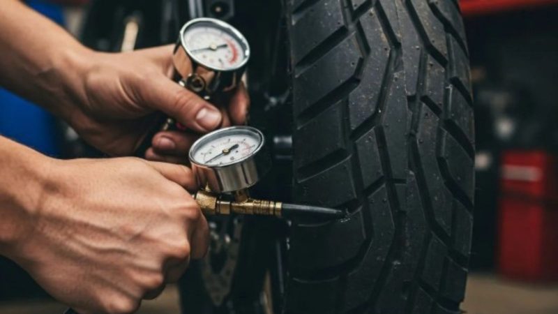 na foto aparece um dos pneus da motocicleta recebendo pressão na foto aparece um dos pneus da motocicleta recebendo pressão