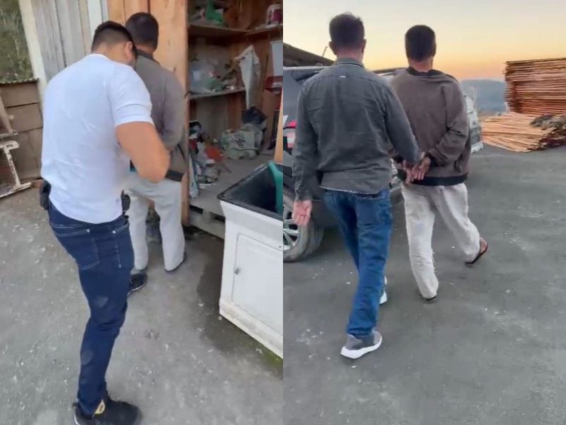 homem sendo preso pela polícia A montagem mostra o homem preso por abusar de crianças em uma creche em Rodeio.