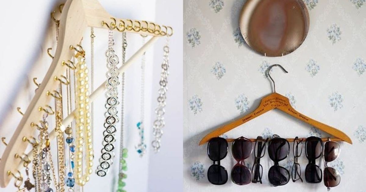 Porta objetos Imagens de um porta-joias e um porta-óculos feitos de cabides, para mostrar todas as decorações que podem ser feitas com esse objeto