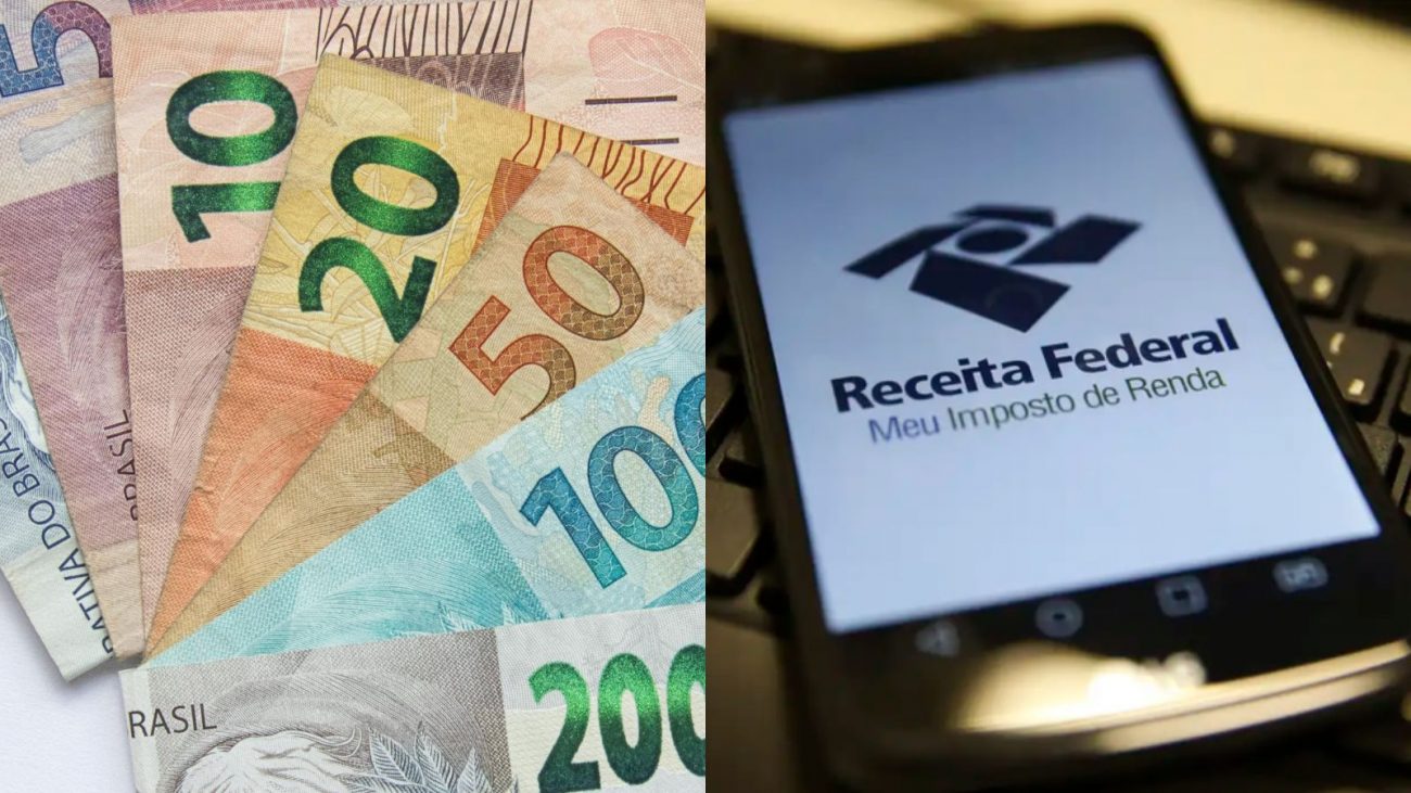 Montagem de cédulas de dinheiro e aplicativo da Receita Federal, com os dizeres "Meu Imposto de Renda" 2025