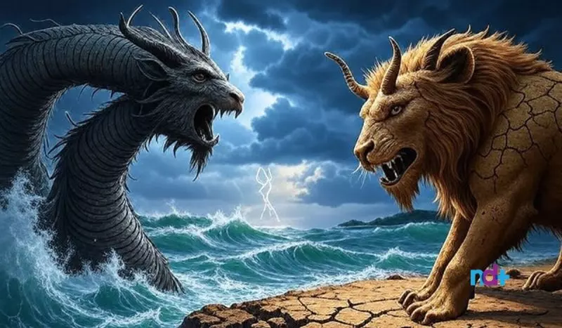 Imagem de duas bestas: um dragão saindo do mar e uma besta com cara de leão saindo da terra, segundo o livro do Apocalipse Profecia aponta que um dragão sairá do mar e uma besta com cara de leão sairá da terra, segundo o livro do Apocalipse