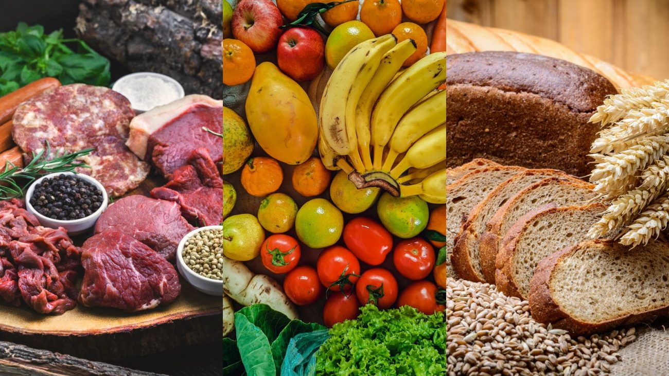 Proteínas, frutas e vegetais e grãos integrais Proteínas, frutas e vegetais e grãos integrais