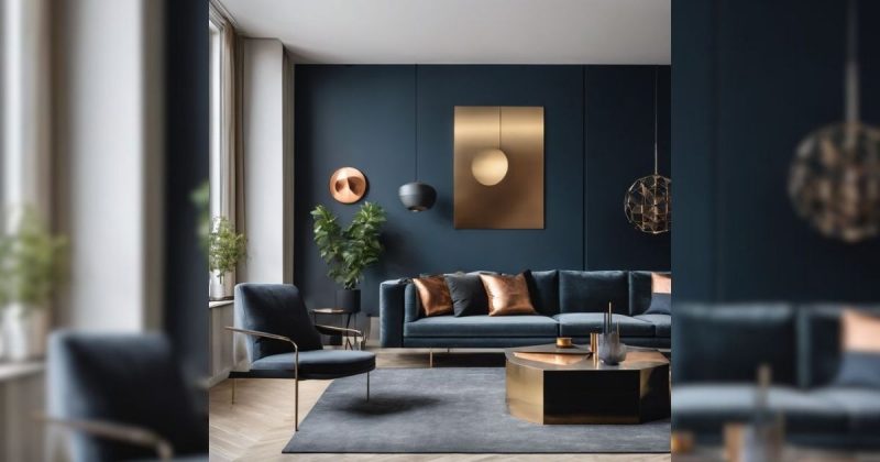 Imagem de uma sala de estar com móveis azul-marinho, para mostrar como essa cor traz elegância ao ambiente 