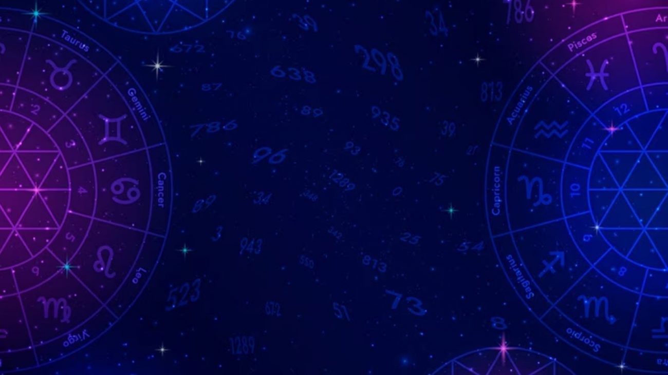 Imagem de vários símbolos astrológicos em tom roxo e azul 