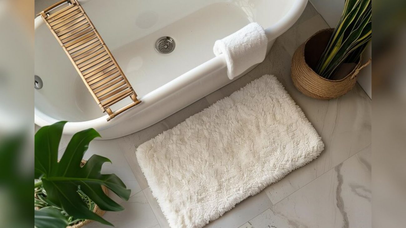 Imagem de banheira branca com plantas ao redor, pano branco em cima da banheira e um negócio de bambu para segurar as coisas e um tapete felpudo