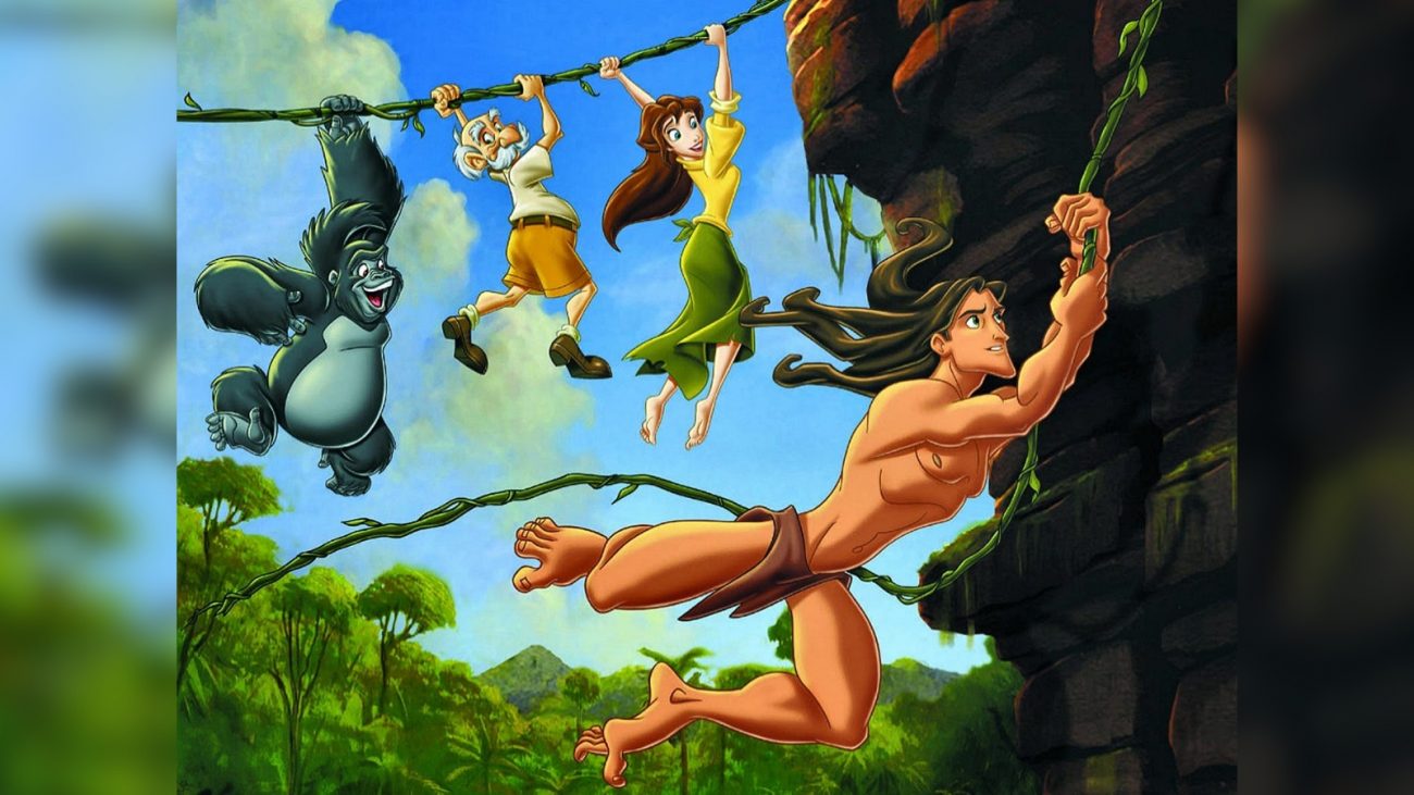 Tarzan Personagem Tarzan pulando de cipó com três personagens do filme se pendurando em galho