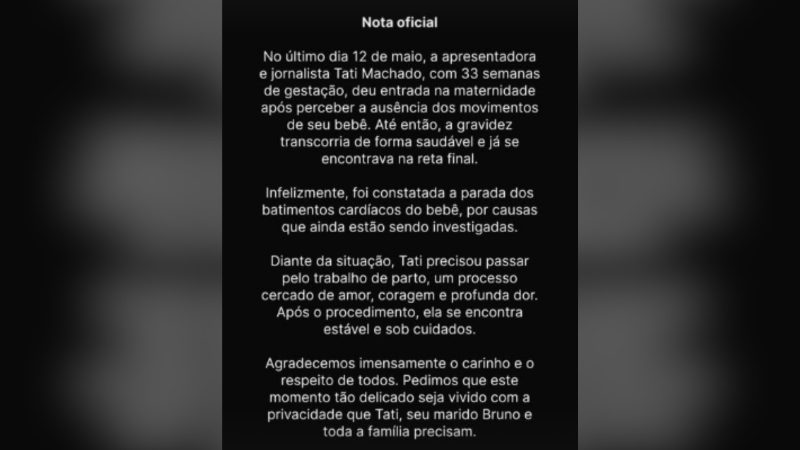 Nota da assessoria de Tati Machado Imagem de palavras escritas