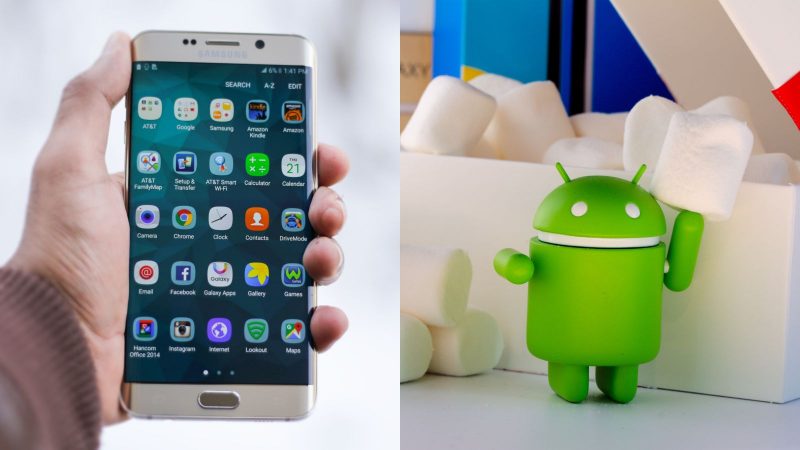 Imagem mostra uma mão segurando um celular da marca Samsung mostrando a tela inicial de um android ao lado do símbolo da marca Android para simbolizar o lançamento do Android 16.