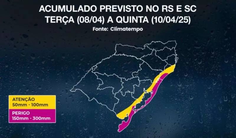 Mapa da chuva entre o litoral do Rio Grande do Sul e de Santa Catarina Litoral catarinense fica sob alerta de chuva volumosa