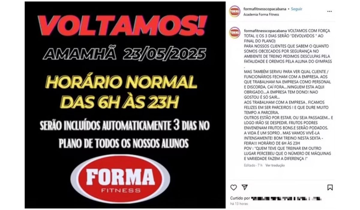 Print do primeiro aviso de retorno das atividades da academia com texto polêmico Aviso de retorno das atividades da academia teve texto polêmico
