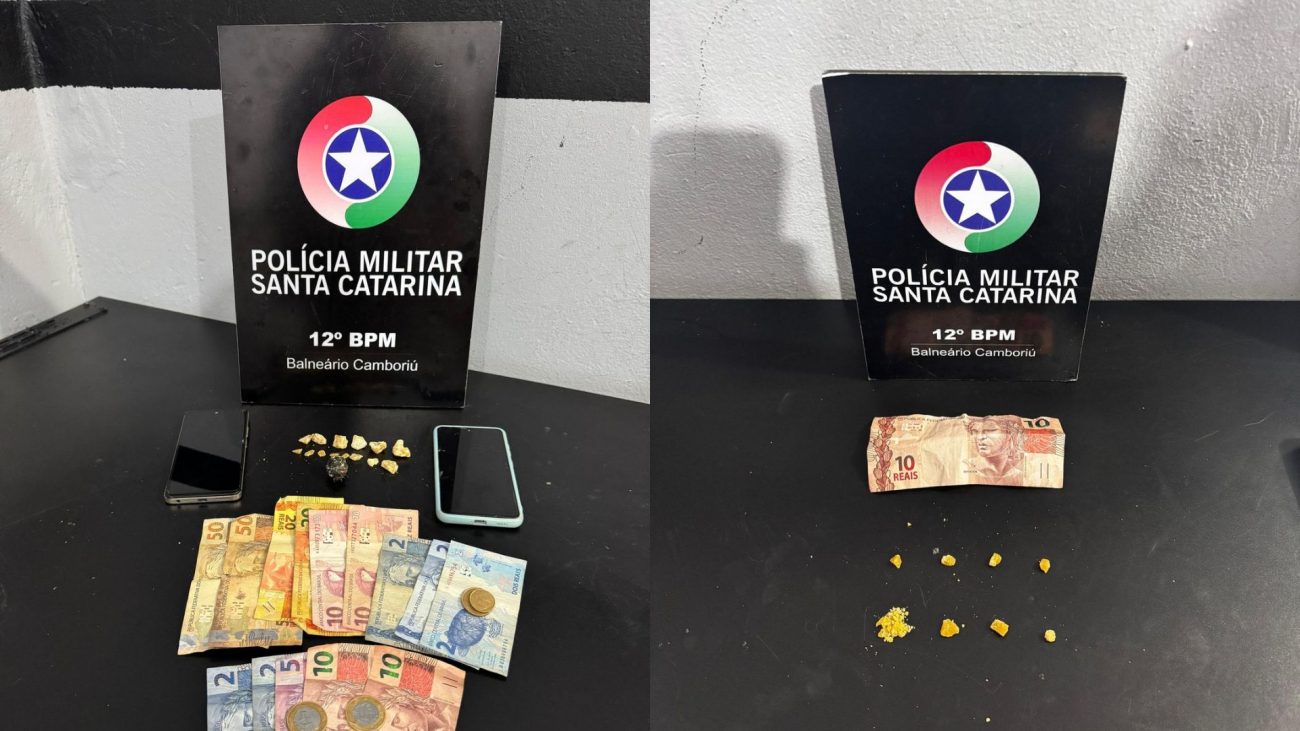 Foto mostra drogas e dinheiro apreendido durante flagrante de dupla com 30 boletins de ocorrência