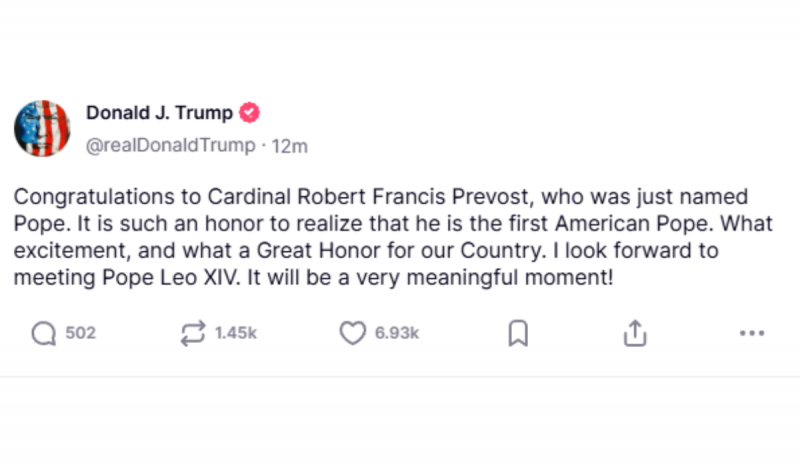 Donald Trump rede social Apesar de preferência por outro cardeal, Donald Trump parabenizou Papa Leão XIV