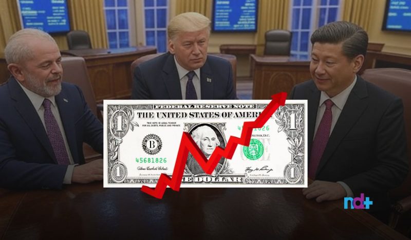Imagem de Trump, Lula e Xi Jinping em uma mesa de negociações Valor do dólar fechou o dia em alta nesta segunda-feira (5)