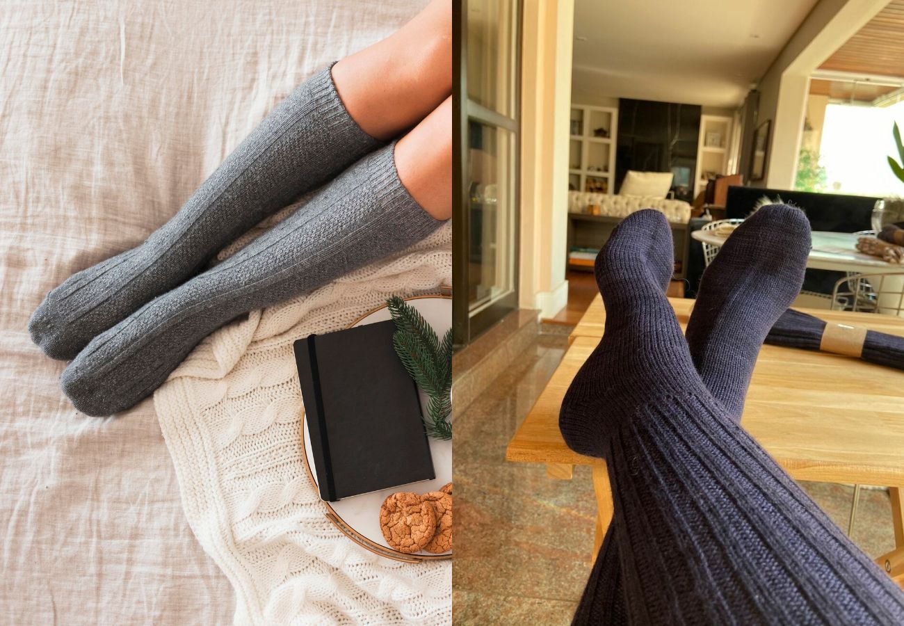 Modelos usando meias de lã merino que vão até aos joelhos 