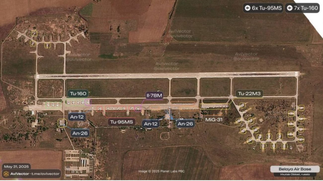 Imagem mostra uma foto registrada por satélite com os locais onde as aeronaves russas estavam estacionadas quando a Ucrânia infiltrou drones na Rússia.