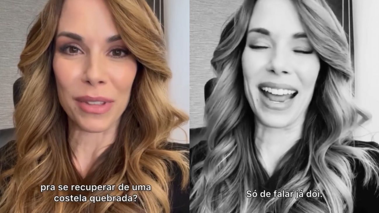 Imagem mostra a apresentadora Ana Furtado só de rosto relatando o acidente de ter quebrado as costelas. Ela aparece com os cabelos longos e maquiada.