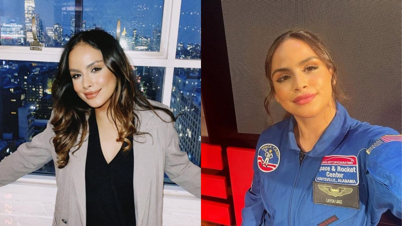Imagem mostra a astronauta brasileira Laysa Peixoto em duas fotos compartilhadas nas redes sociais. Na primeira ela aparece mais despojada, maquiada, com os cabelos soltos e ondulados, usando uma roupa escura por baixa e um casaco cinza por cima com uma janela de fundo. Na segunda foto ela aparece com um uniforme de aviação dos Estados Unidos.