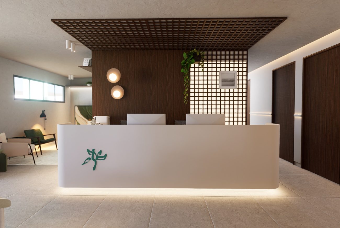Imagem mostra projeto da recepção de hospital dia focado em saúde mental