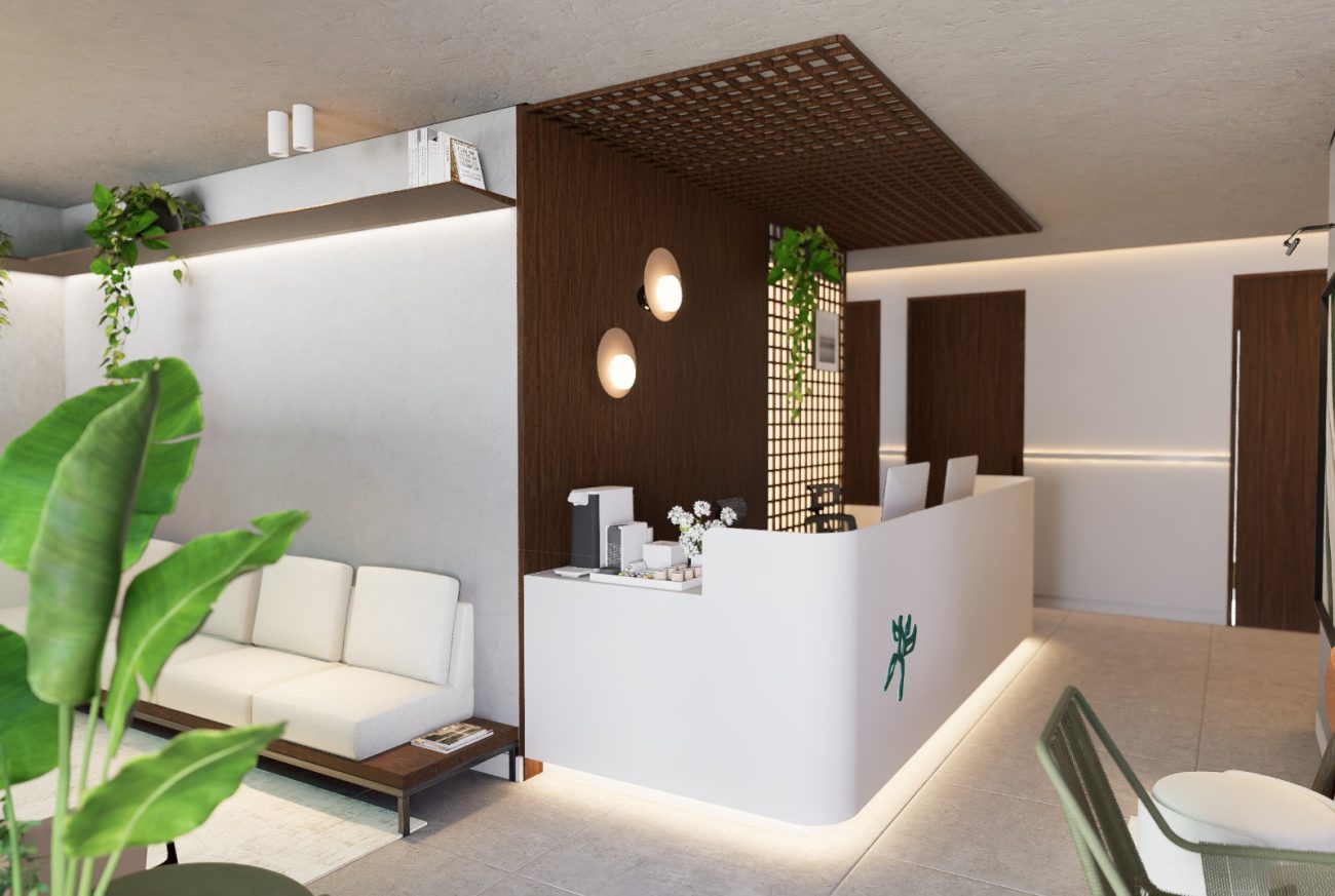 Imagem mostra projeto da recepção de hospital dia focado em saúde mental