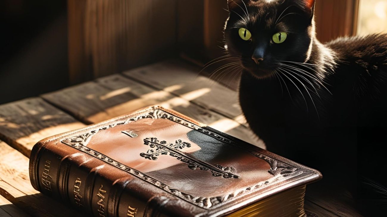 Imagem mostra uma foto realista gerada por Inteligência Artificial com um gato preto, com olhos amarelos, ao lado de uma bíblia marrom com detalhes dourados em uma mesa de madeira, em um fundo desfocado iluminado por um sol, para ilustrar o que a bíblia diz sobre a sexta-feira 13.