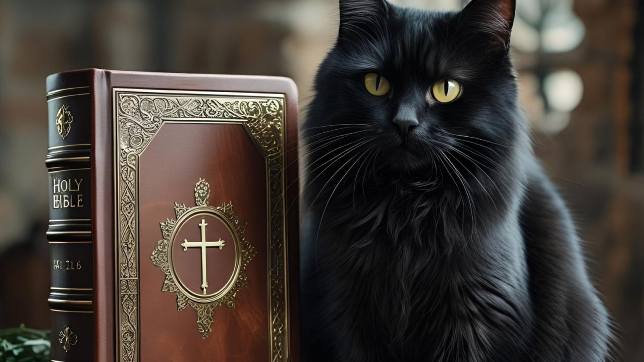Imagem mostra uma foto realista gerada por Inteligência Artificial com um gato preto, com olhos amarelos, ao lado de uma bíblia marrom com detalhes dourados, em um fundo desfocado, para ilustrar o que a bíblia diz sobre a sexta-feira 13.