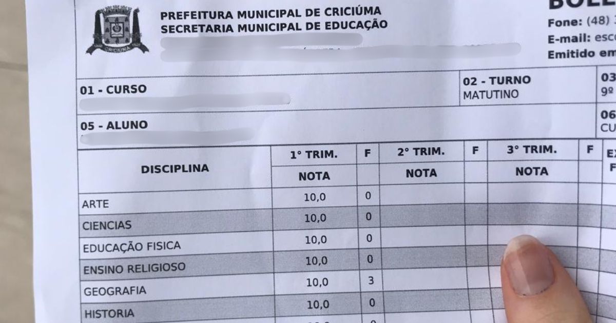 Modelo de boletim escolar da Secretaria Municipal de Educação de Criciúma