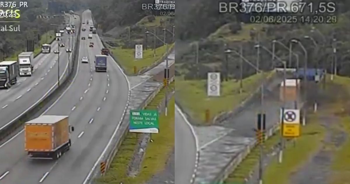 Caminhão ‘a mil’ usa quase toda área de escape para conseguir parar na BR-376