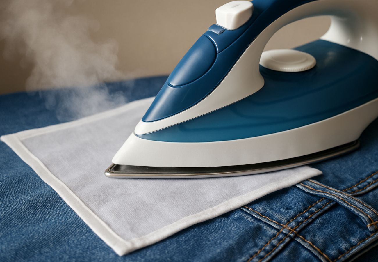 Ferro de passar roupa em uma calça jeans