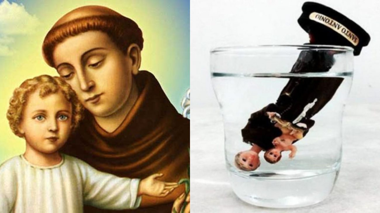 Imagem mostram duas fotos, na primeira uma ilustração de Santo Antônio ao lado do Menino Jesus, com uma áurea atrás representando algo divino. Jesus aparece loiro, com olhos azuis, roupa branca, e cabelo cacheado. Santo Antônio aparece com a roupa marrom de frei e o cabelo com corte raspado no meio. Na segunda imagem aparece um santo dentro da água de cabeça para baixo. 