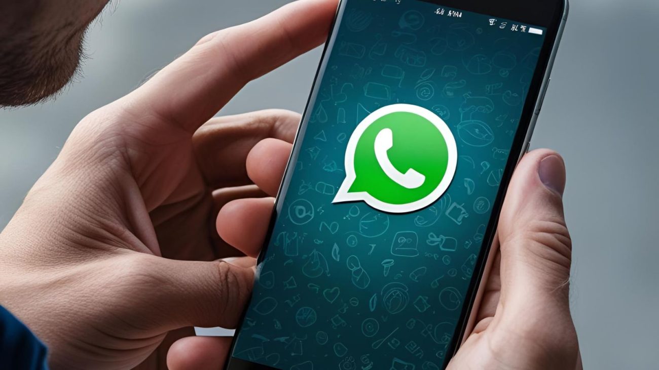 Imagem foi gerada por uma Inteligência Artificial e mostra uma mão segurando um celular com o símbolo do WhatsApp estampado na tela do celular para ilustrar a matéria que fala sobre a calculadora do WhatsApp.