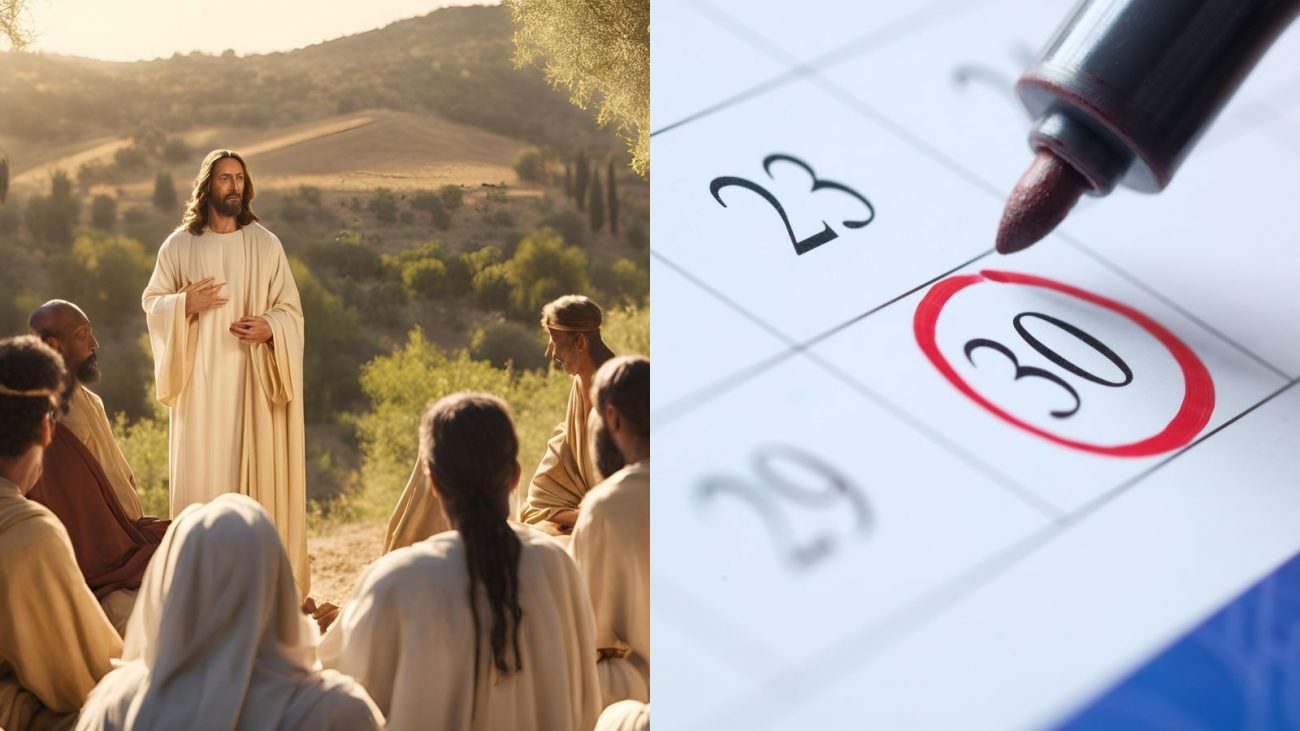 Imagem mostra uma ilustração gerada por Inteligência Artificial com personagens bíblicos como Jesus Cristo em um cenário de natureza. Ao lado, há uma imagem de um calendário para ilustrar se a data de Corpus Christi é feriado ou ponto facultativo. 