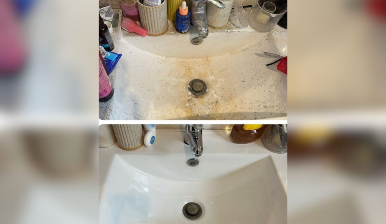 Antes e depois de um trabalho realizado em uma pia com crostas grossas - @carecleaningagency/Instagram/ND