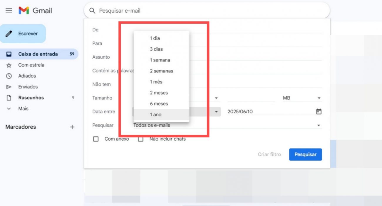 como pesquisar e-mails antigos