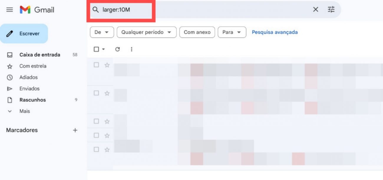 Digite comandos como larger:10M para localizar e-mails