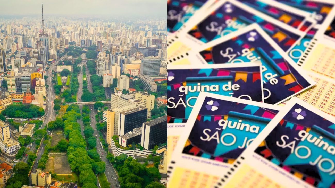Imagem mostra duas fotos, a primeira de uma imagem vista de cima da cidade de São Paulo, com avenidas e prédios, a segunda imagem mostram bilhetes da Quina de São João.