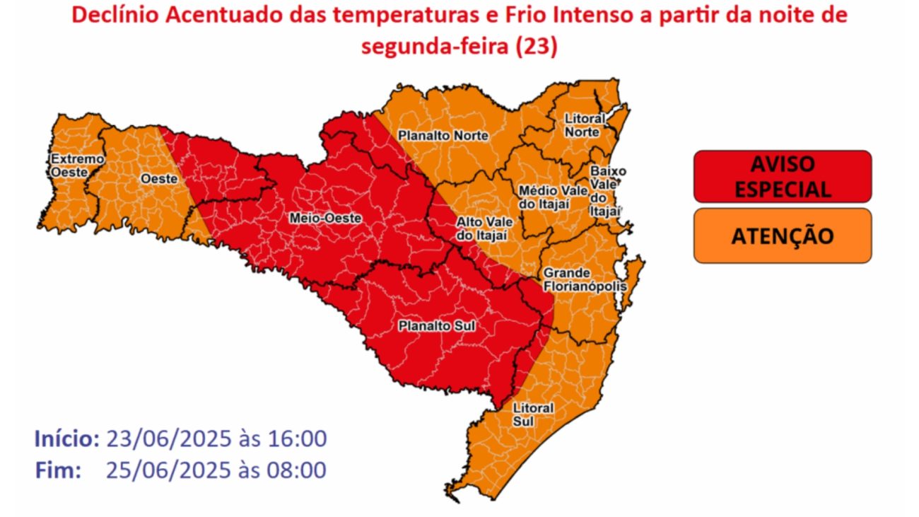 mapa mostra regiões em laranja e vermelha com chuvas e frio intenso em SC