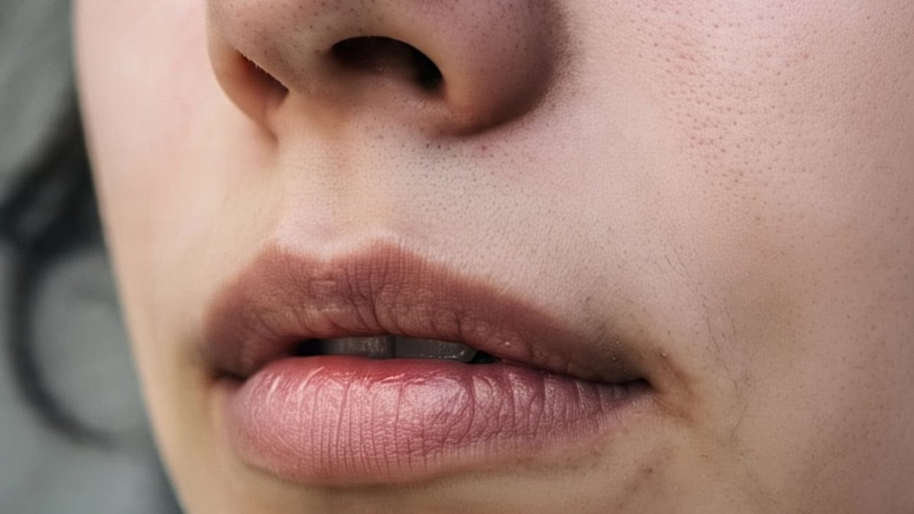 Imagem mostra uma foto gerada por Inteligência Artificial com somente uma parte do rosto humano aparecendo, que seria os lábios ressecado e um pedaço do nariz. 