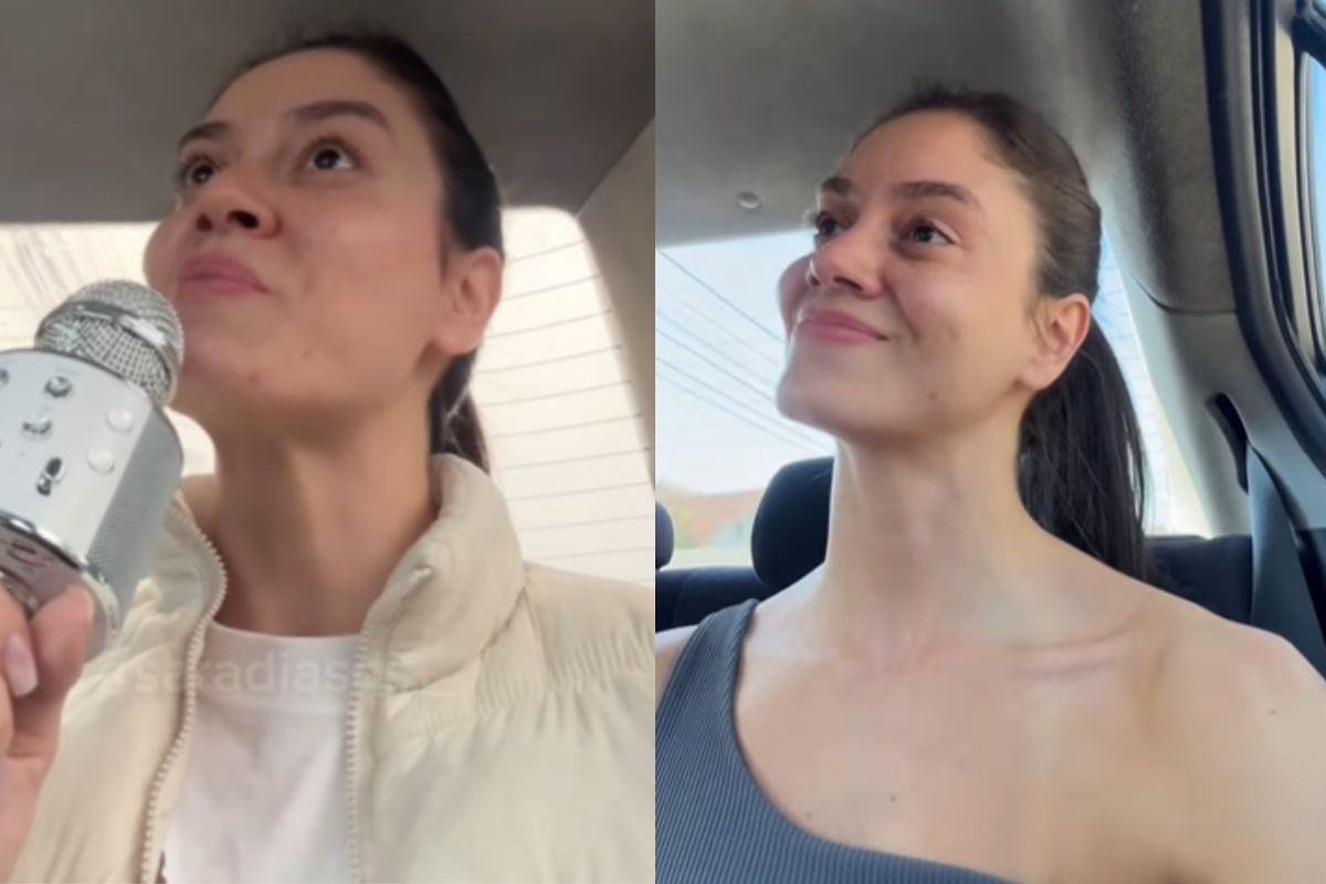 Duas fotos da influenciadora de Joinville dentro do carro, um delas ela canta com um microfone, na outra ela está apenas sorrindo para alguém que deve estar na frente dela