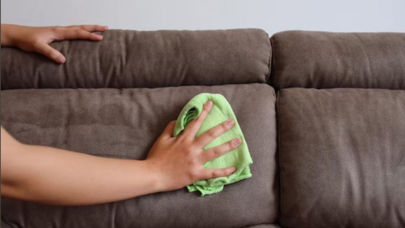 na foto aparece uma mão limpando o sofá manchado com um pano
