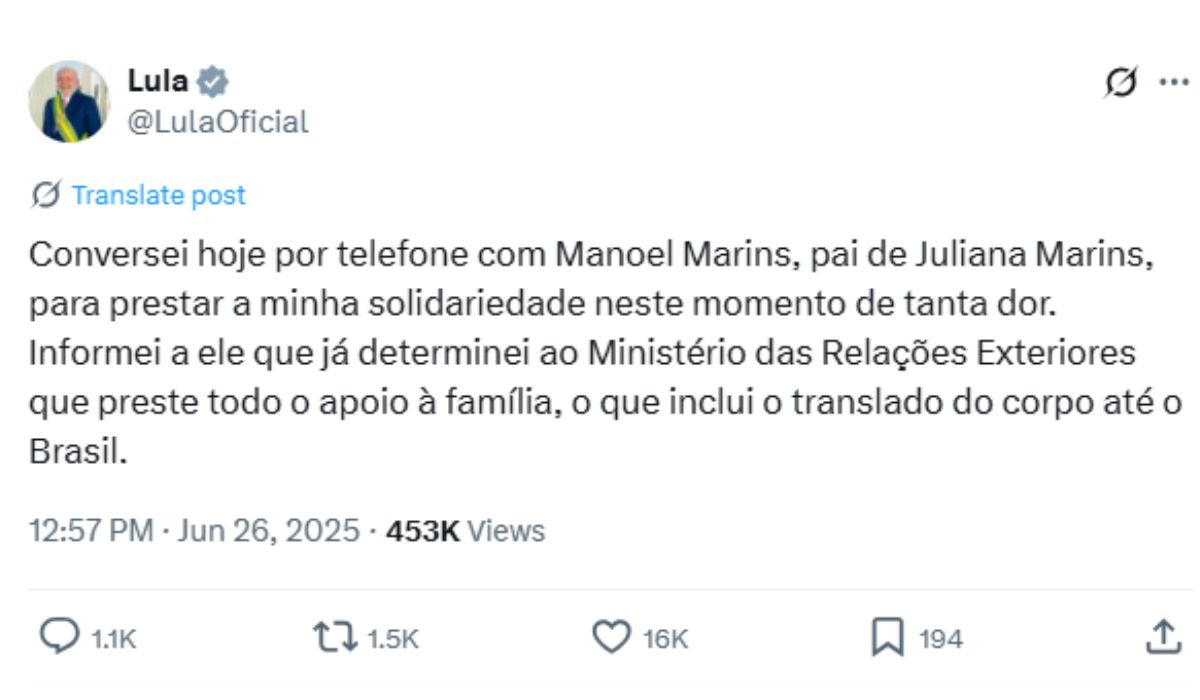 Lula manda trazer corpo de Juliana Marins &#8211; Foto: X/Reprrodução