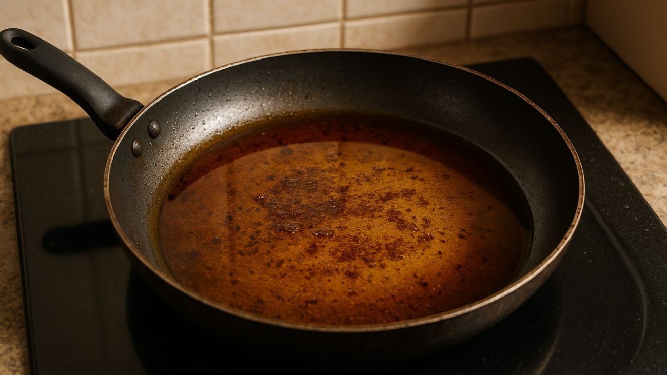 A imagem mostra uma frigideira de metal escura sobre um fogão de vidro preto, localizada em uma cozinha com azulejos bege ao fundo. Dentro da frigideira há uma quantidade visível de óleo de cozinha usado, com coloração marrom dourada e pequenas partículas queimadas de alimento no fundo. A aparência do óleo indica que já foi aquecido e utilizado para fritura.